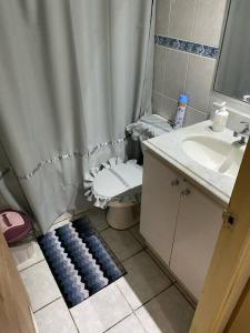 a bathroom with a shower curtain and a toilet at Bella vista departamento amoblado in Iquique