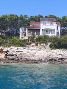 a house on top of a rocky hill next to the water at Seaside holiday house Cove Tri luke, Korcula - 22092 in Vela Luka