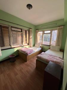 two beds in a room with green walls and windows at Hotel Sweet Dreams thamel kathmandu in Kathmandu
