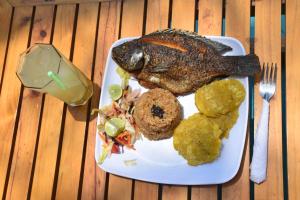 a plate of food with a fish on a table at Posada nativa casa azul in Playa Blanca