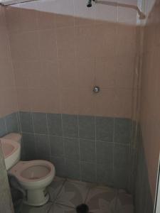 a small bathroom with a toilet and a shower at Posada Piedra de Fuego in Zipolite