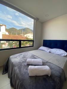 瓜塔維塔的住宿－Apartamento 202，一间卧室配有一张大床和两条毛巾