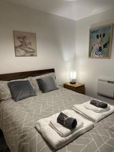Entire flat in Ealing في لندن: غرفة نوم عليها سرير وفوط