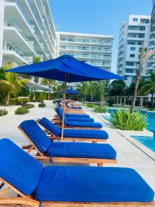 a row of blue beach chairs and an umbrella at MORROS EPIC luxury in Cartagena de Indias +59 photos