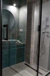 a bathroom with a shower with a glass door at Deluxe 2BDRs Home in Spa District Center in Karlovy Vary