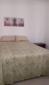 a bedroom with a bed with a white bedspread at Excelente acomodação e localização. in Santos