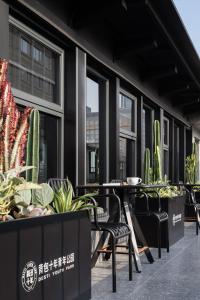 成都市にあるChengdu Desti Youth Park Hostel TaiKooLiのバルコニー(テーブル、椅子、サボテン付)