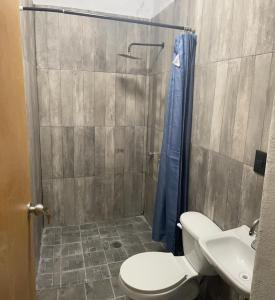 a bathroom with a shower with a toilet and a sink at CASA RAQUEL in Rincon de Guayabitos