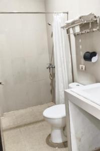 a bathroom with a toilet and a shower and a sink at KHARIZ HOTEL in Bukittinggi