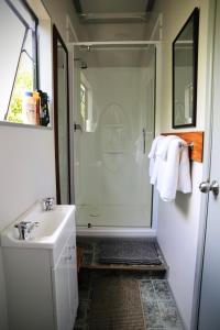 a white bathroom with a shower and a sink at Catnap Cottage, Manapouri in Manapouri