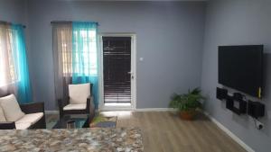 a living room with a couch and a tv on a wall at NATURES BLISS-ISLANDERS in Choiseul