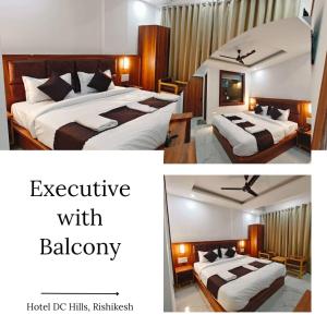 duas fotografias de um quarto de hotel com duas camas em Hotel DC Hills Rishikesh em Rishikesh