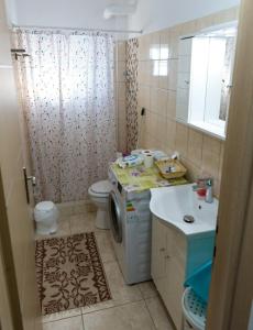 a small bathroom with a toilet and a washing machine at Stavroula's Houses in Kélla