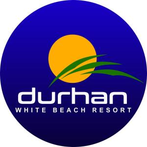 ein Logo für ein Strandresort mit Sonne im Hintergrund in der Unterkunft Durhan White Beach Resort in Tabuelan