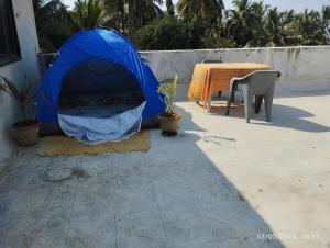 une tente bleue sur une terrasse avec une table dans l'établissement Hotel Grand Murud janjira, à Murud