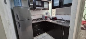 uma cozinha com armários pretos e um frigorífico de aço inoxidável em Casa con alberca a 15min poliforum y centro max Brisas em León