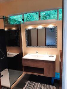 La salle de bains est pourvue d'un lavabo et d'un miroir. dans l'établissement Fare Juanita Ho'e, à Opoa