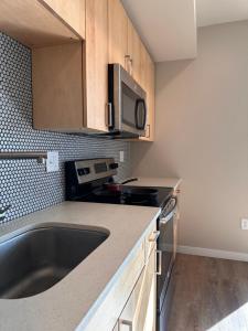 a kitchen with a sink and a microwave at Entire 1-Bedroom Apartment In Downtown Portland in Portland
