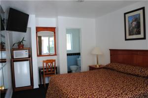 a hotel room with a bed and a television at Rose Bowl Motel in Los Angeles