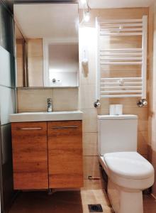 La salle de bains est pourvue de toilettes, d'un lavabo et d'un miroir. dans l'établissement Beautiful cozy apartment, à Athènes