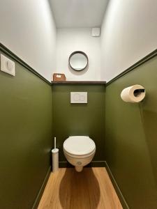 La salle de bains verte est pourvue de toilettes et d'un miroir. dans l'établissement My Little Home - Le Liberté 47, à Lille