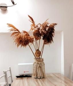 un vase avec une plante sur une table dans l'établissement Beautiful cozy apartment, à Athènes