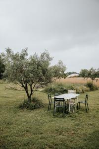 uma mesa e cadeiras num campo com uma árvore em Maison d'hôtes Bel Estiu em Saint-Geniès