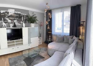 ein Wohnzimmer mit einem Sofa und einem TV in der Unterkunft Haus Schmidhuber Wohnung 1 in Grossgmain