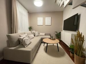 salon z kanapą i telewizorem w obiekcie Charmantes TinyHouse im Zentrum - MalliBase Apartments w Hanowerze