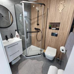 een badkamer met een douche, een toilet en een wastafel bij Apartament Narciarska N°6C in Szczyrk