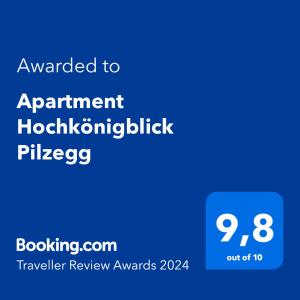 Majutusasutuses Apartment Hochkönigblick Pilzegg olev sertifikaat, autasu, silt või muu dokument