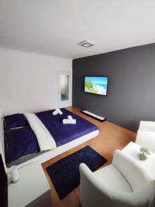 1 dormitorio con 1 cama y TV en la pared en Moonlight Apartman, en Sárospatak