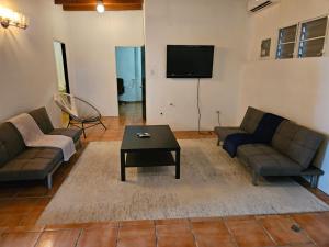 sala de estar con sofás, mesa y TV en Newly remodeled Economical 5BR, Third floor, en Mayagüez