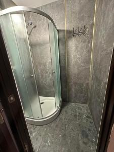 a shower with a mirror in a bathroom at Boguslavl' in Bohuslav