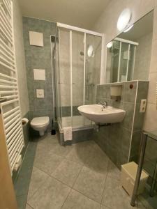 een badkamer met een wastafel en een toilet bij Apartments in der Kopenhagener Straße in Rostock