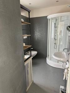 a bathroom with a shower and a sink and a toilet at Home suite Home in Avellino