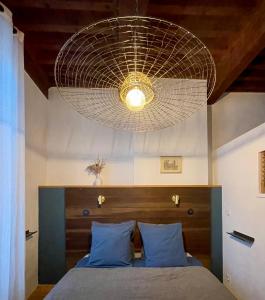 una camera con un letto e un grande lampadario di La bohème place aux herbes a Uzès