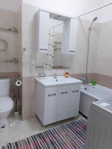 ein Badezimmer mit einem Waschbecken, einem WC und einem Spiegel in der Unterkunft ЖК Novella in Almaty
