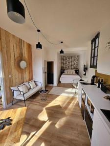 a kitchen and living room with a bed in the background at La Maison Grivolas Appartements et Maison d'hôtes in Avignon +74 photos