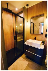 a bathroom with a sink and a shower and a mirror at Color 24 Prestige in Stalowa Wola