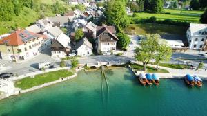 an aerial view of a town with boats in the water at Apartments Mojca in Bled