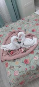 two white swans are laying on a bed at Hostal Milan in Madrid