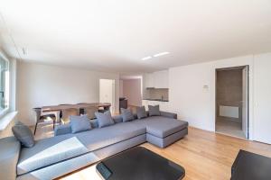 ein Wohnzimmer mit einem Sofa und einem Tisch in der Unterkunft DHG Luxury Apartments Zurich-Wollishofen in Zürich