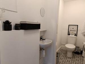 a white bathroom with a toilet and a sink at High Street Apartment in Whitchurch
