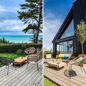 duas fotos de uma casa com cadeiras e uma mesa em Le Carré Vue Mer em Pourville-sur-Mer