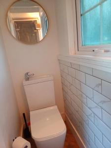 bagno con servizi igienici bianchi e specchio di The Wee Tiny Home a Eglinton