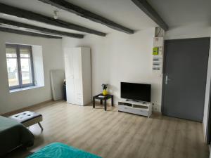 a living room with a flat screen tv and a room at Studio Sylvain in Neuilly-lʼÉvêque