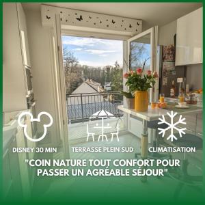a window in a kitchen with a view of a balcony at Paris Disney - Clim - Terrasse Sud dans nature in Sucy-en-Brie