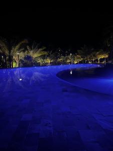 uma piscina iluminada à noite com luzes azuis em Ecoresort praia dos carneiros em Tamandaré