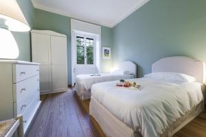 ストレーザにあるVilla Angelaの青い壁のベッドルーム1室(ベッド2台付)